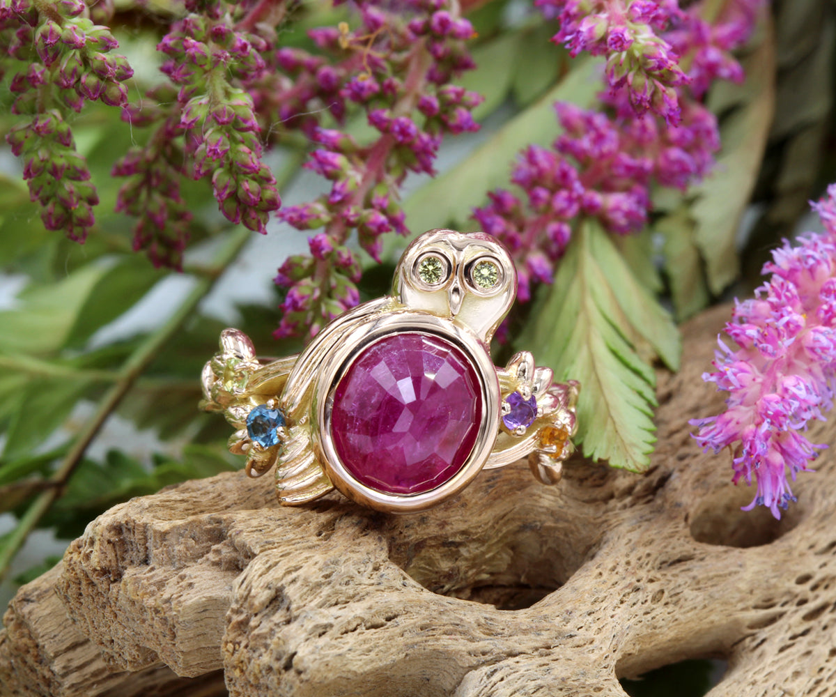 Custom Ruby Colorful Owl Rose Gold Ring