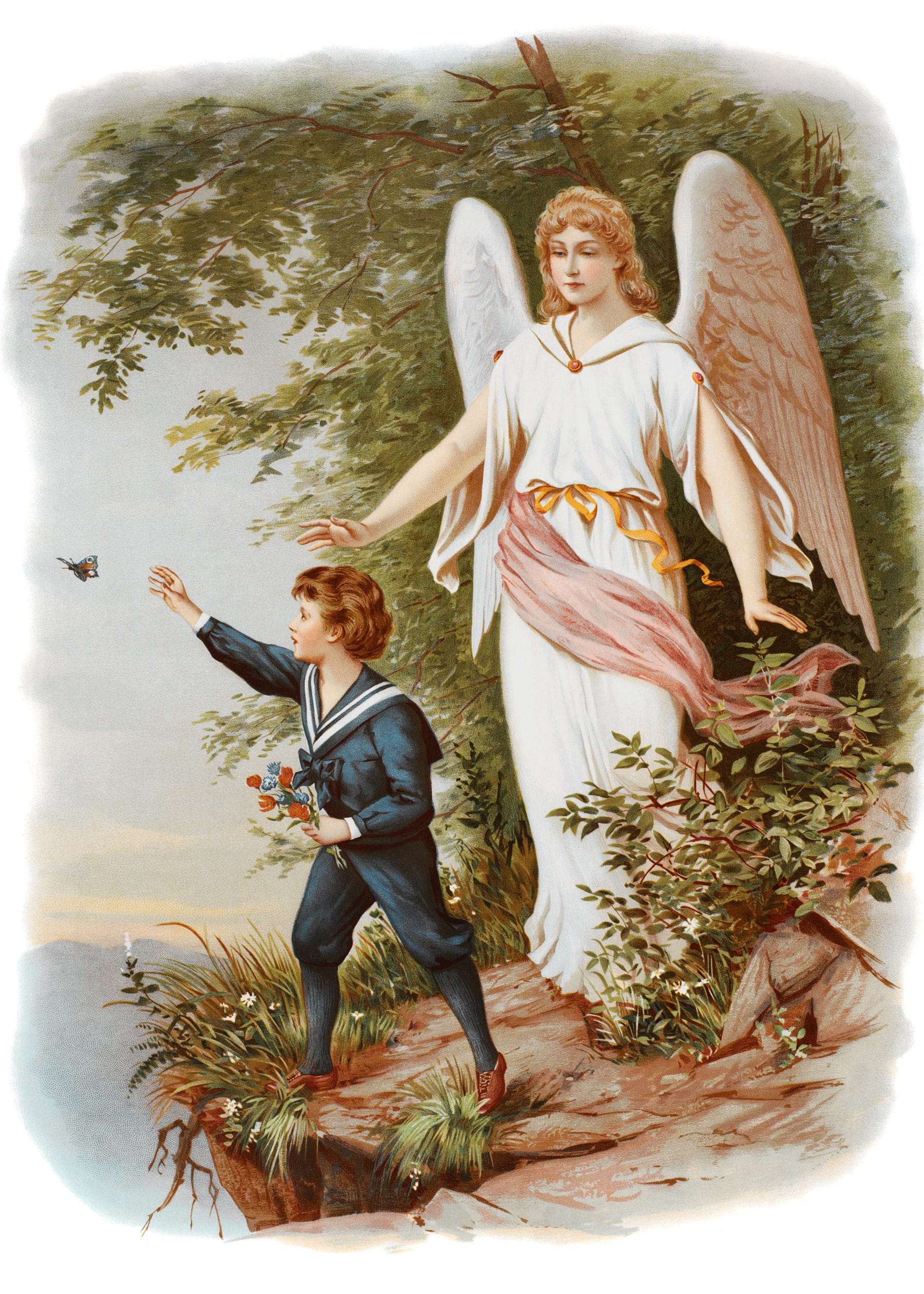 A guardian angel is stretching hand on a person who is trying to catch butterfly.