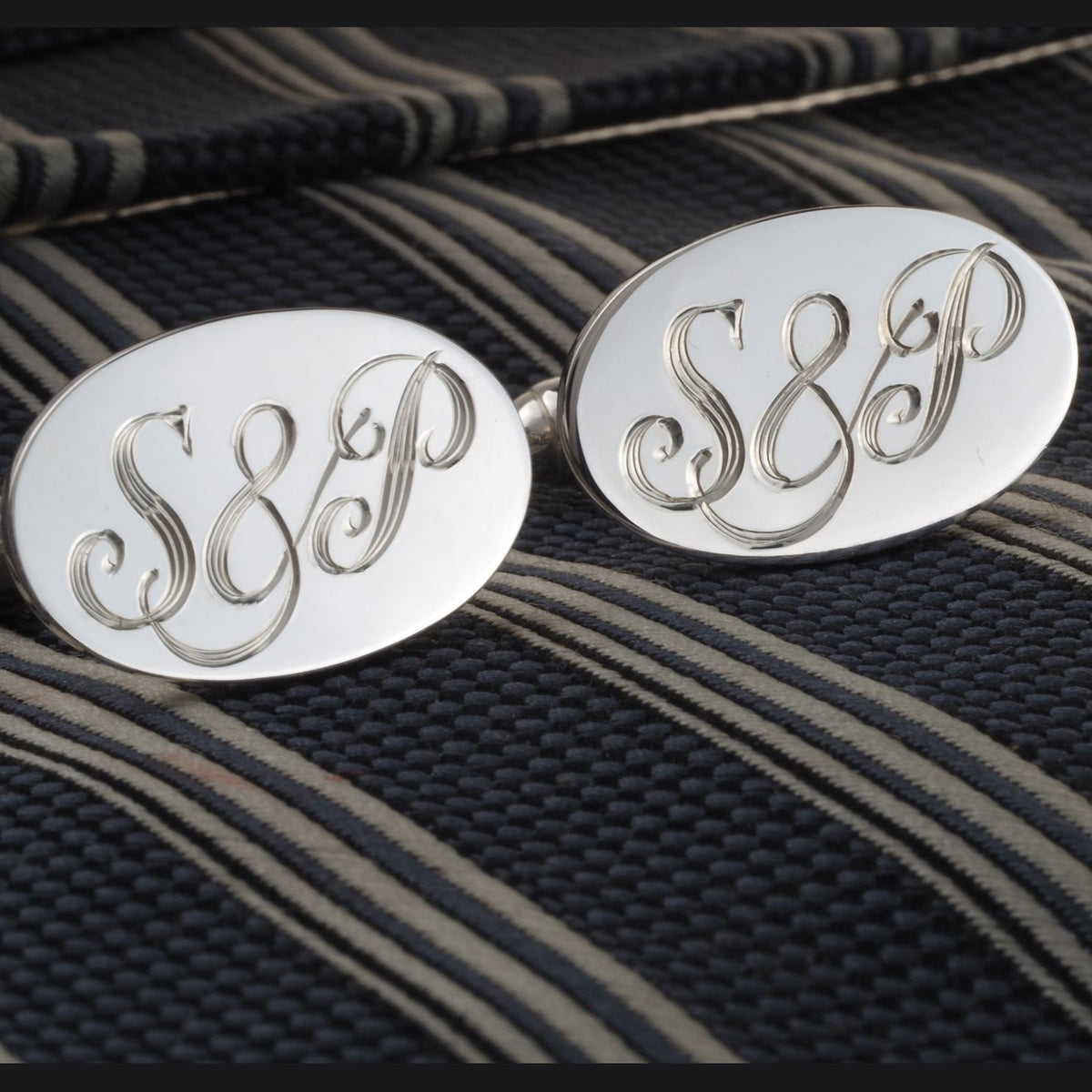 Personalised Sterling Silver Oval Cufflinks Hand Engraved Initials