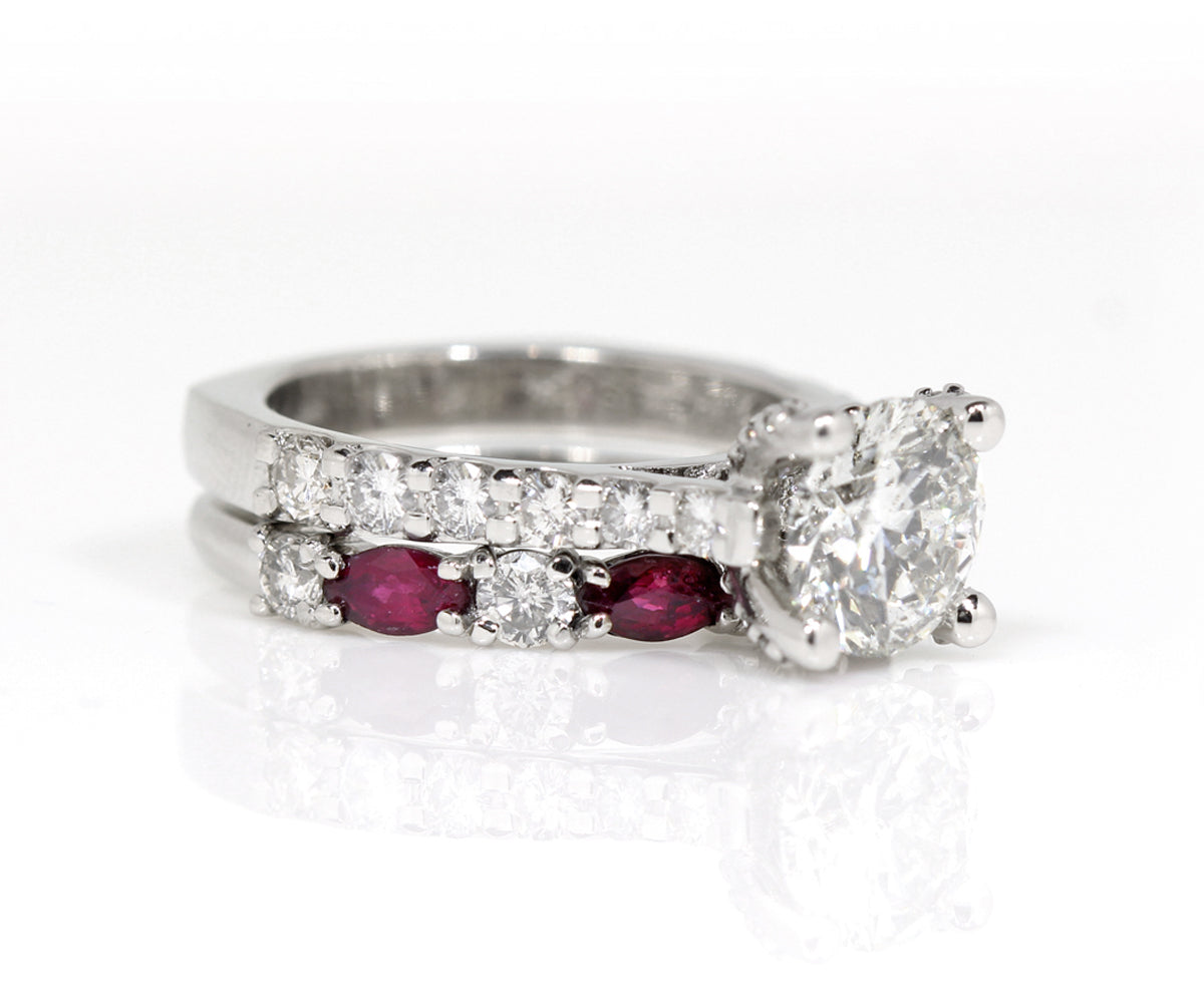 Cathedral Diamond and Ruby Platinum Wedding Ring