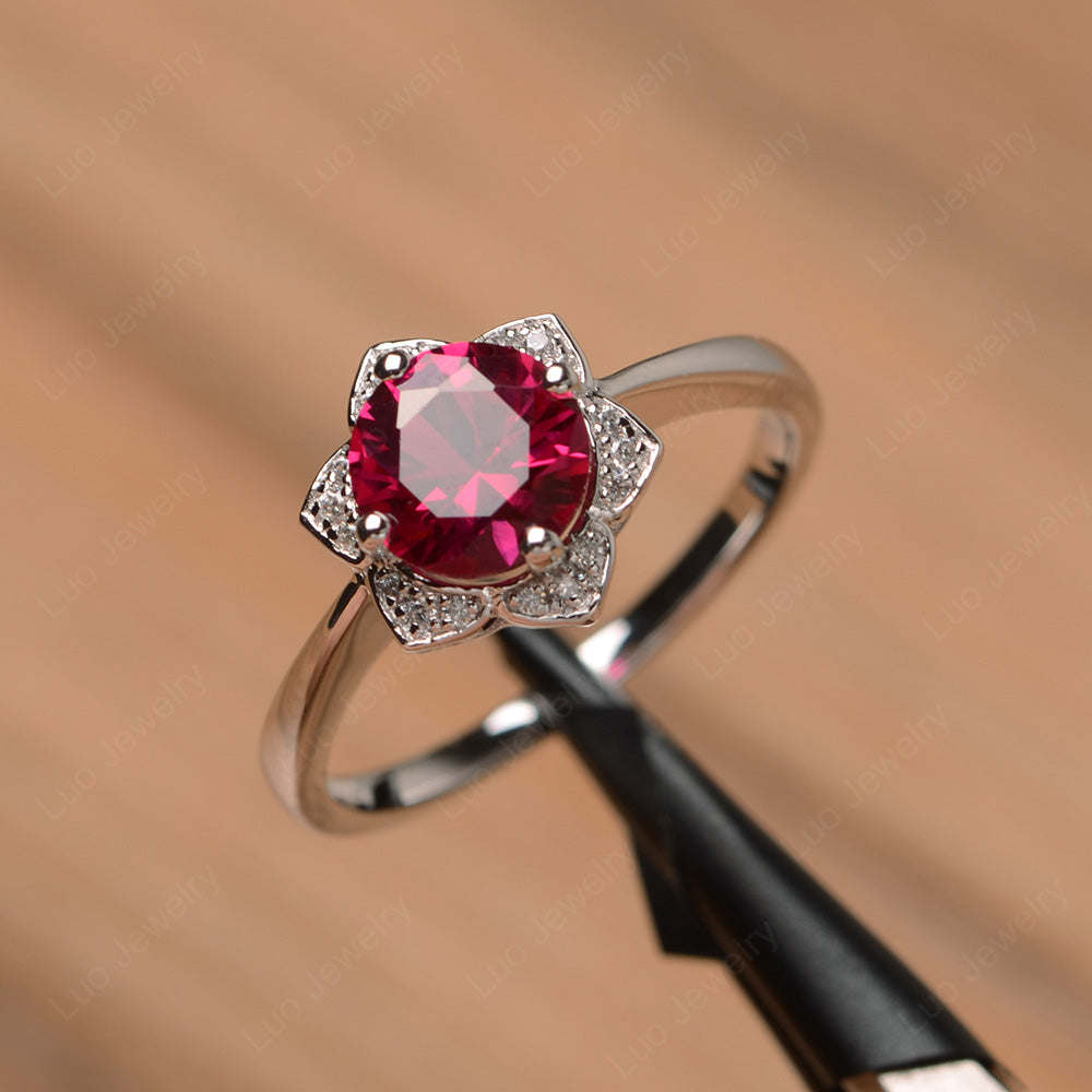 Round Cut Ruby Halo Flower Engagement Ring