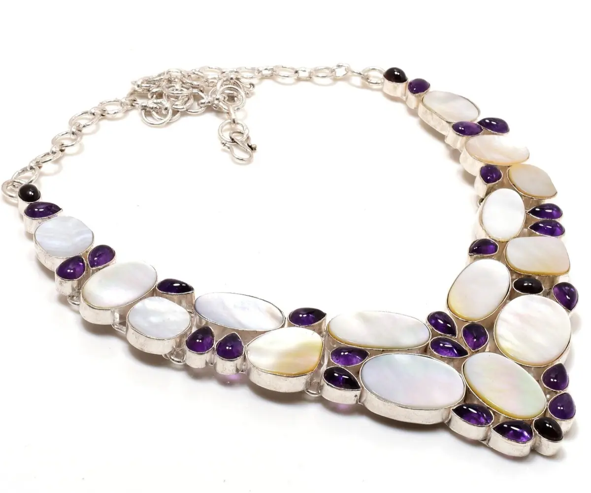 Shell Pearl, Amethyst Gemstone 925 Sterling Silver Necklace