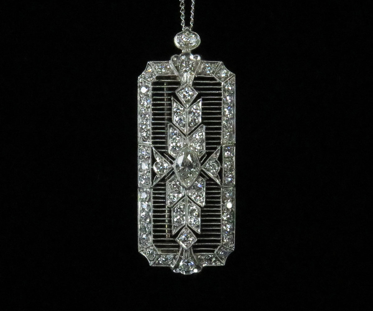 Deco Platinum Diamond Plaque Pin Or Pendant