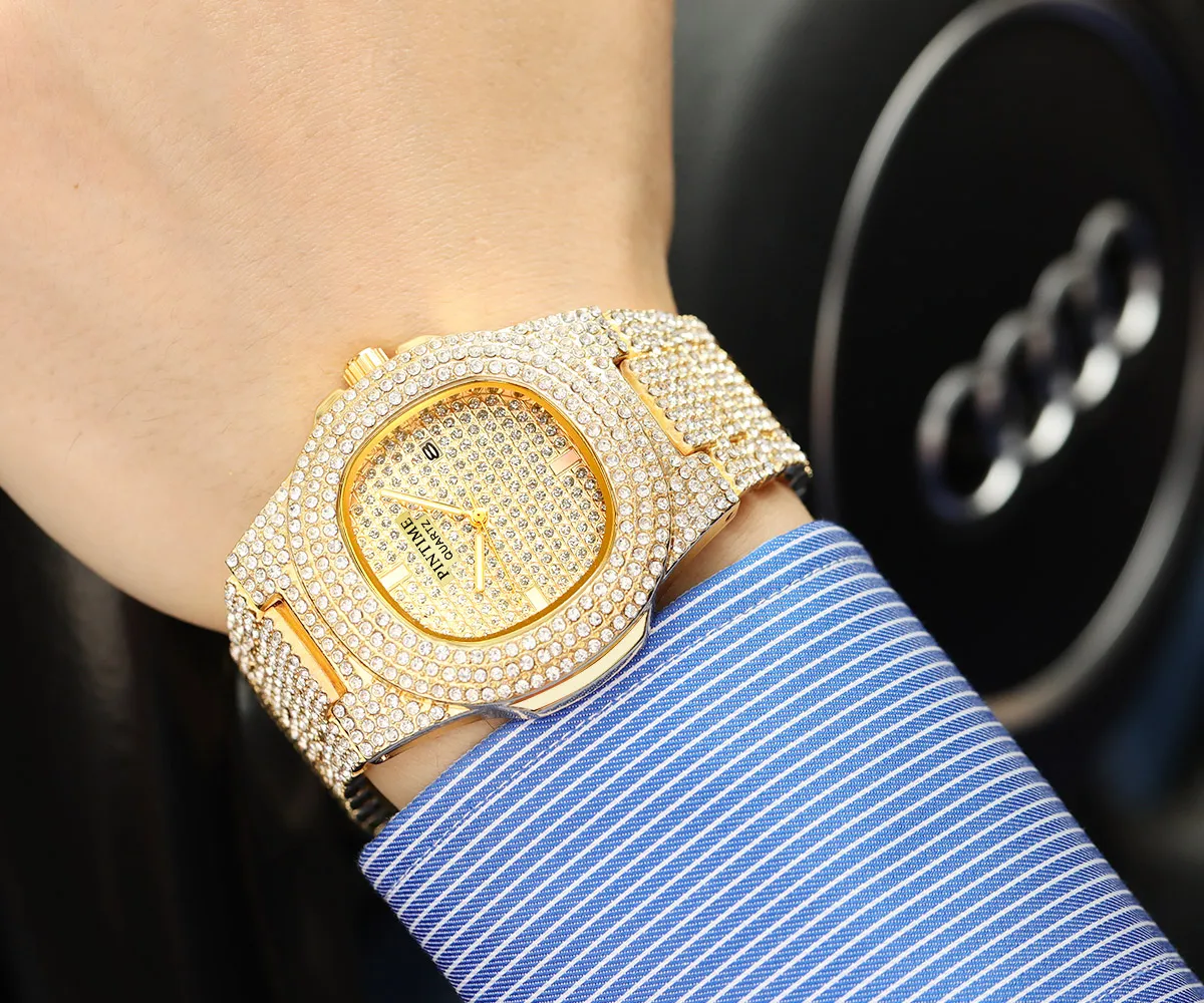 Fashion Men Women Diamond Bling Iced Out Gold Watch
