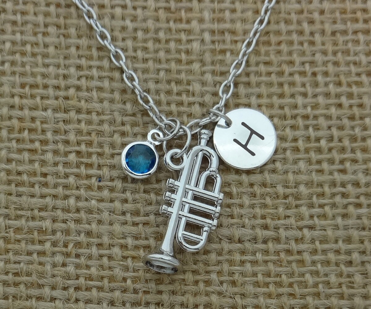 Personalized Trumpet Birthstone Necklace Custom Trumpet