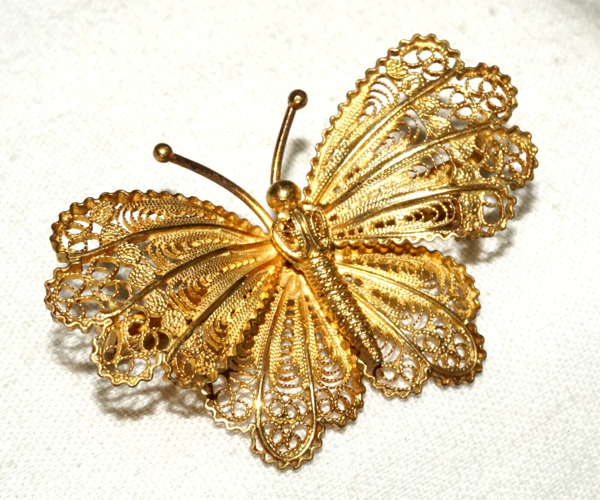 Vintage Gold-Washed 800 Silver Filigree Butterfly Brooch