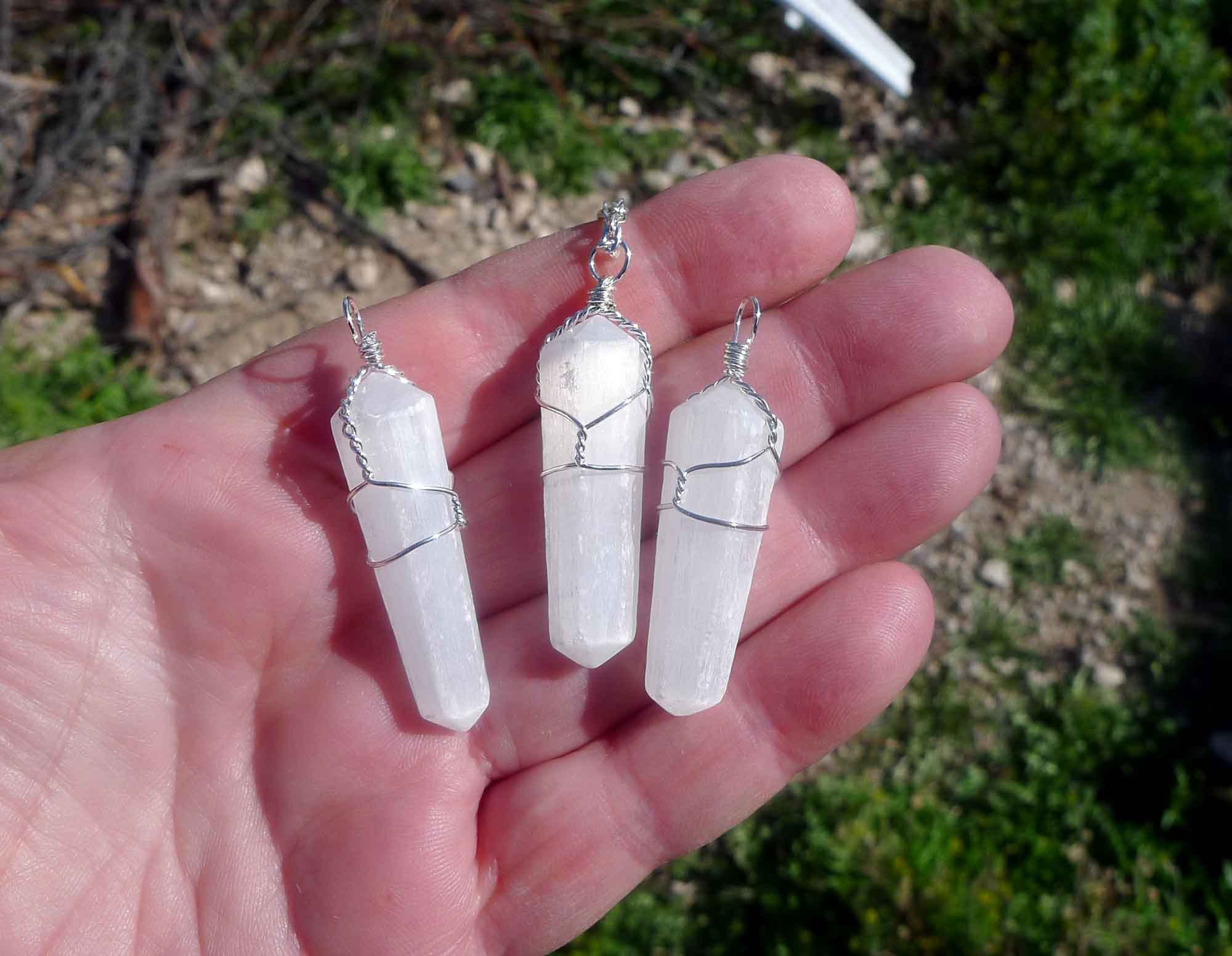 Selenite Pendant Necklace, Wire Wrapped Selenite Crystal