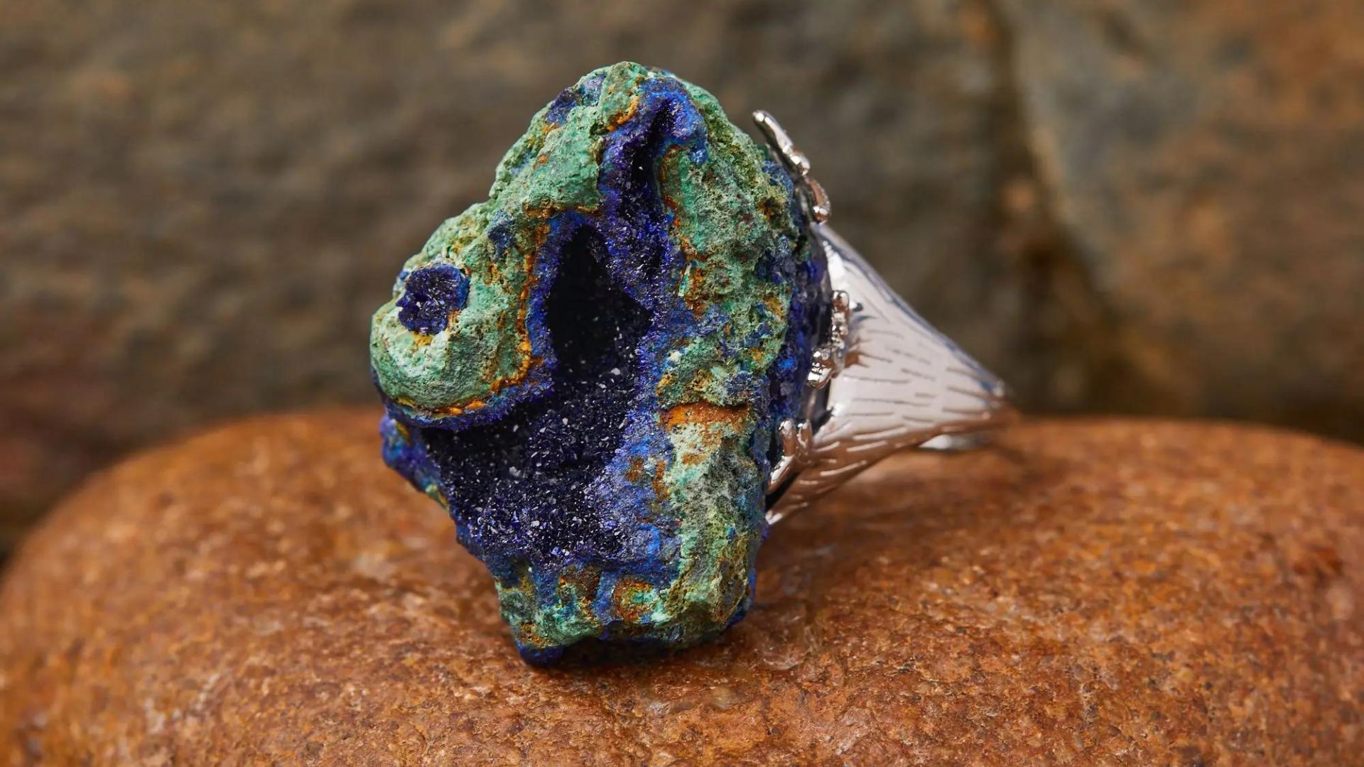 Natural Azurite Malachite Geode Finger Rings