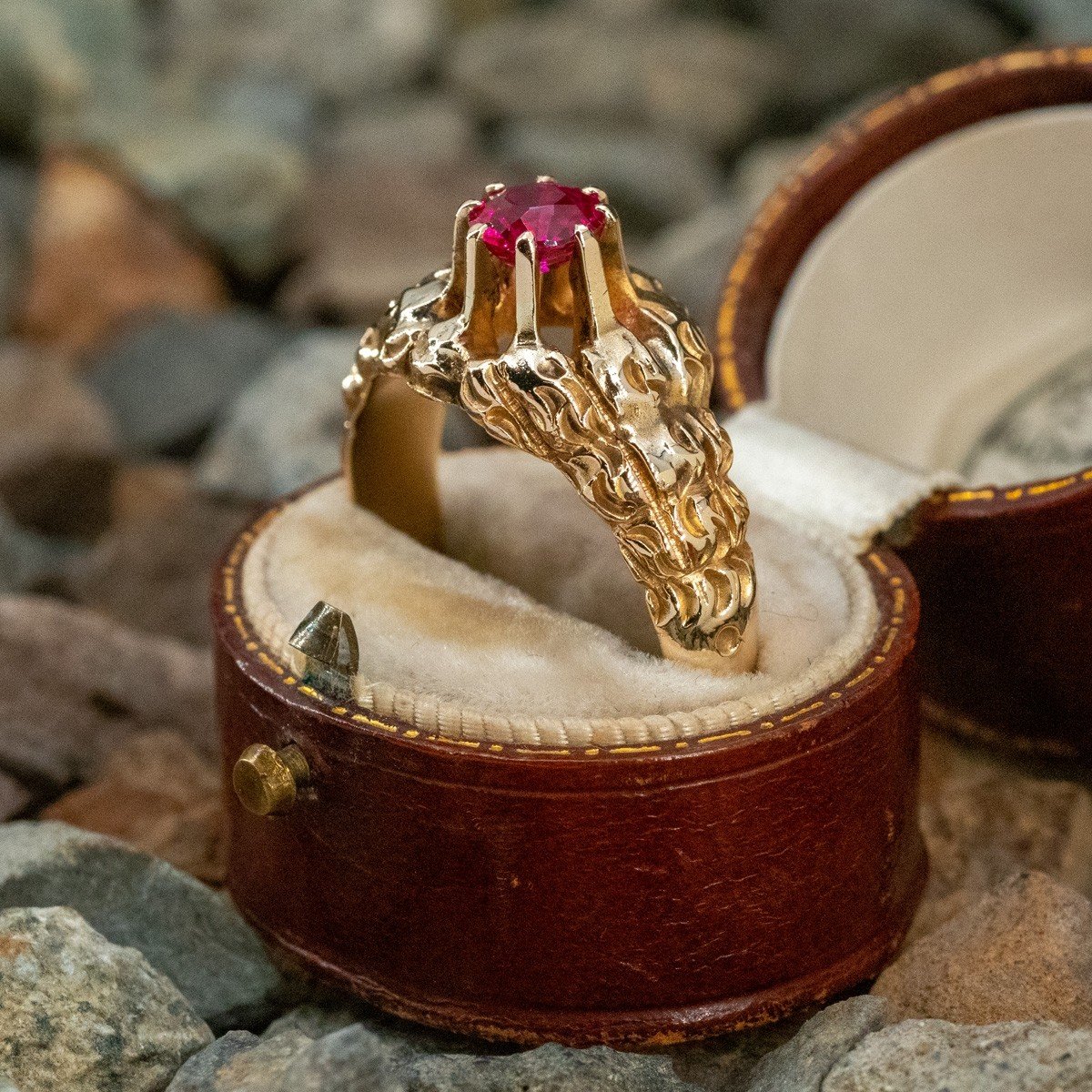 Vintage Lab Created Round Ruby Ring 14K Yellow Gold