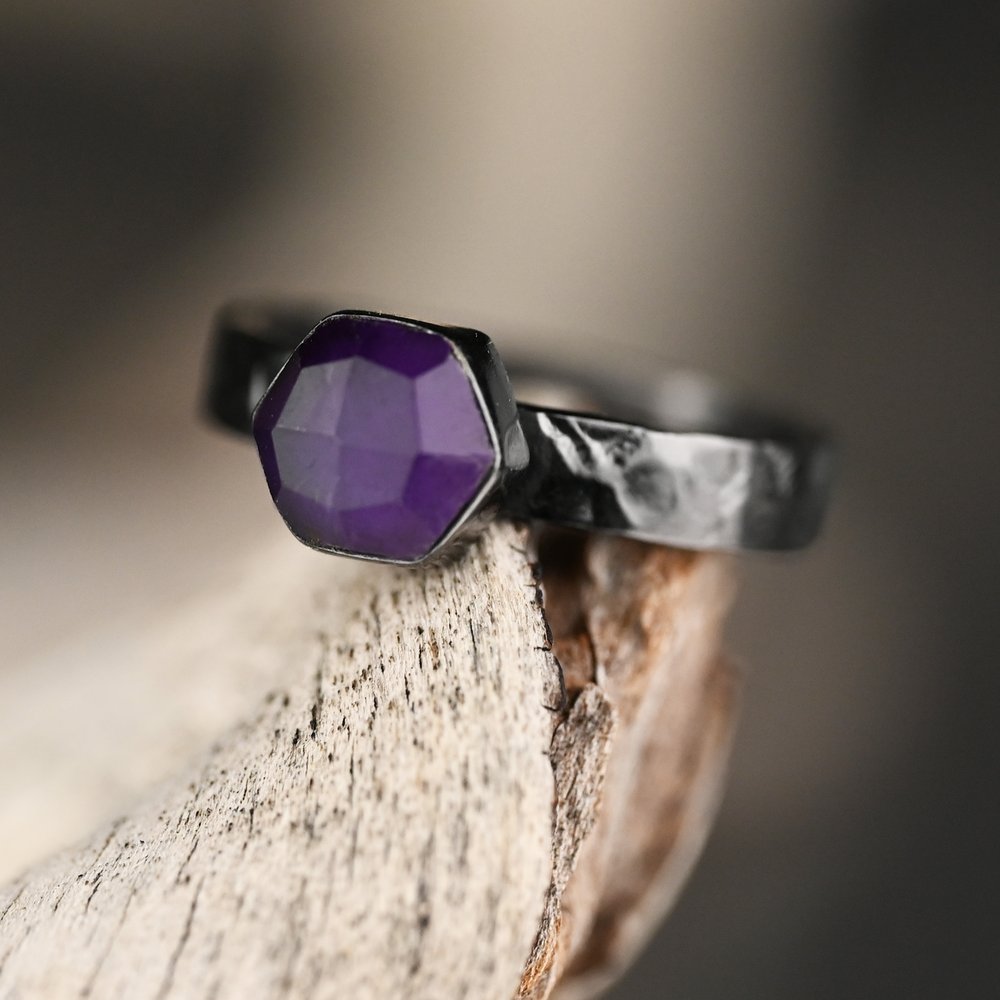 Amethyst Hexagon On A Hand Hammered Band