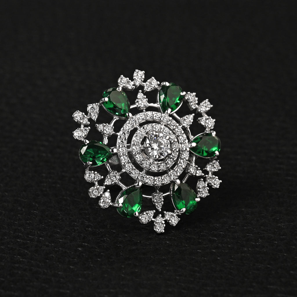 Silver Green Adjustable Cocktail Ring