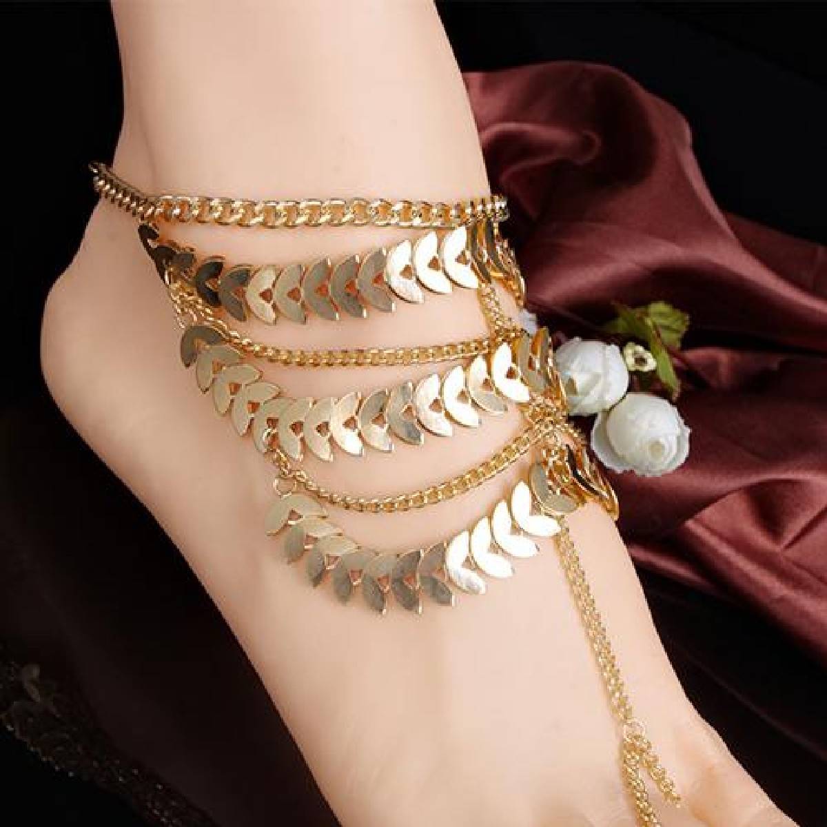 Tassel Ankle Bracelet Multi-Layer Anklet Golden Leaves Chain Toe Ring Barefoot