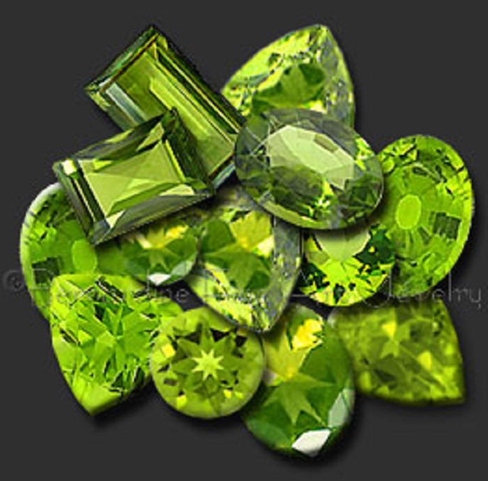 Thirteen pieces of polished green peridot, with two in rectangle and others in circle and oval