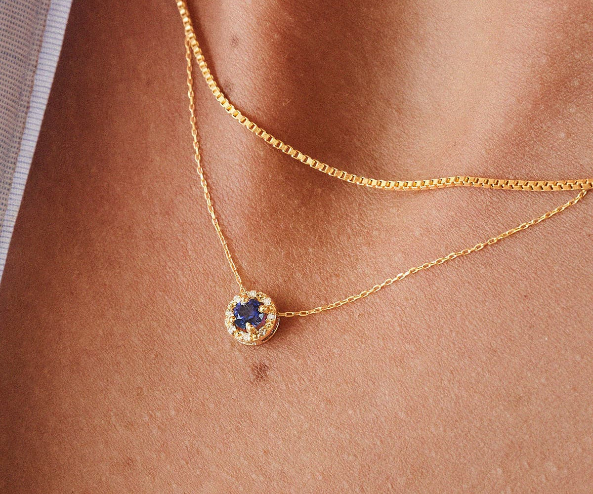 Diamond Halo Necklace - Sapphire - 14K Solid Gold