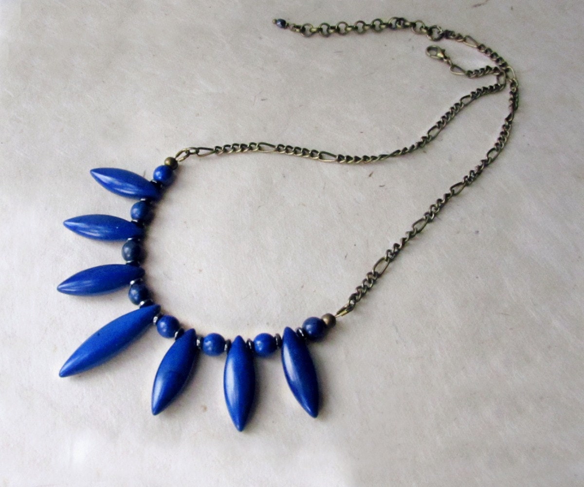 Blue Gemstone Necklace, Stone Bib Necklace, Boho Fan Necklace