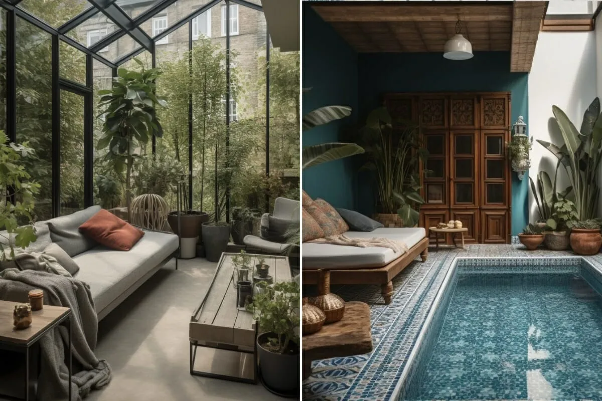 Interior of a house with swimming pool, plants and couches
