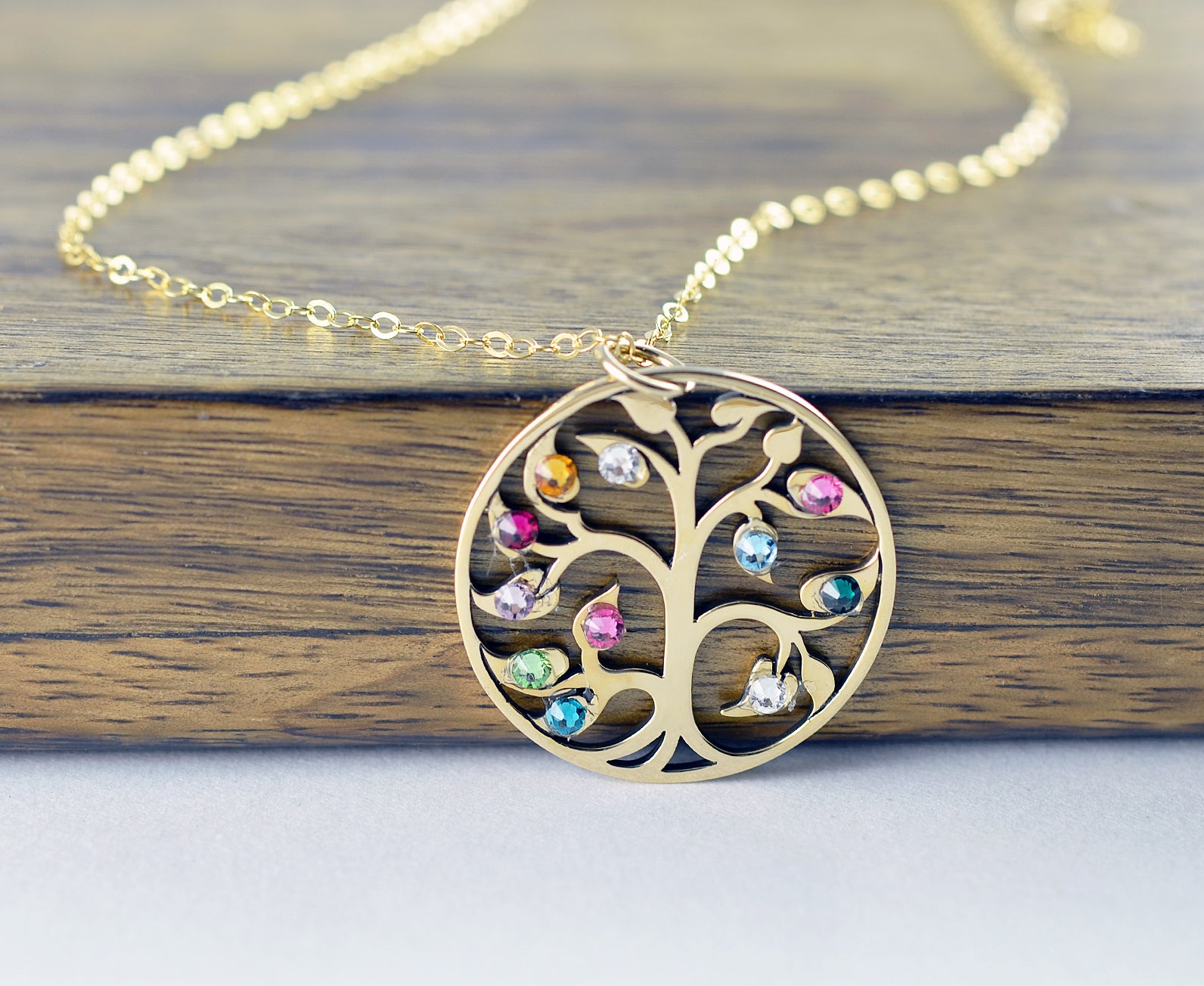Gold Family Tree Birthstones Necklace