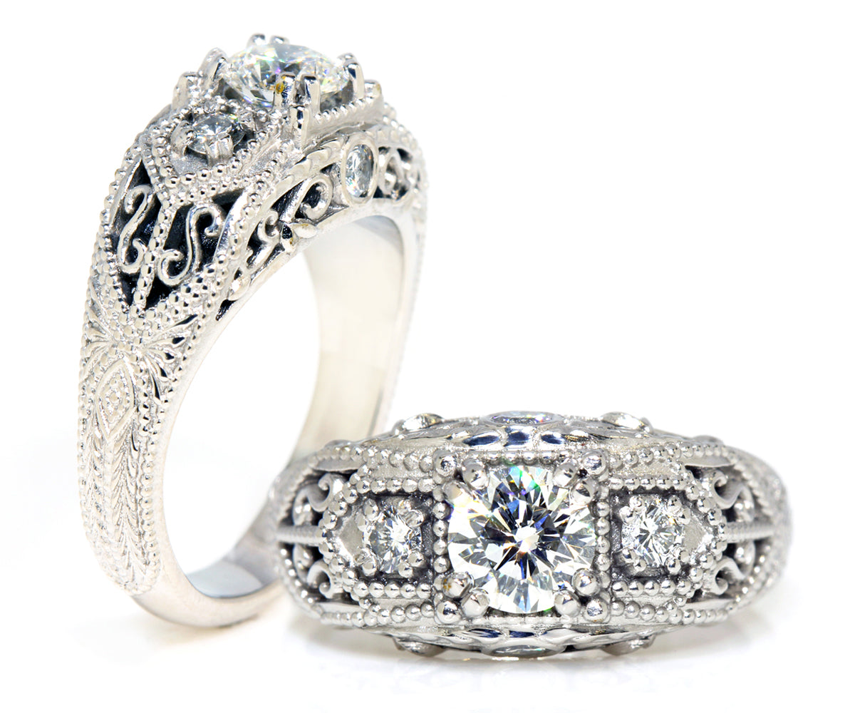 Vintage Engraved Halo Filigree Diamond Ring