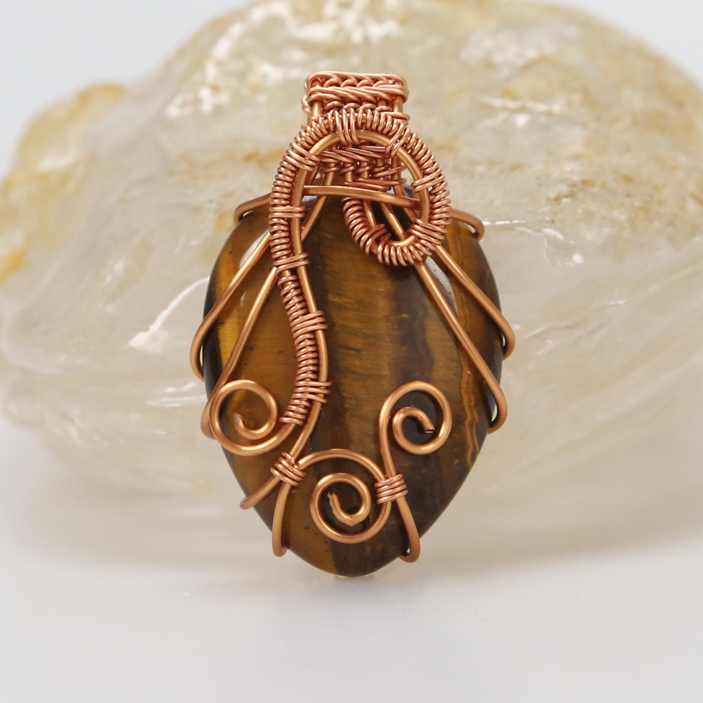 Handmade Copper Wire Wrapped Natural Tiger Eye Stone Necklace
