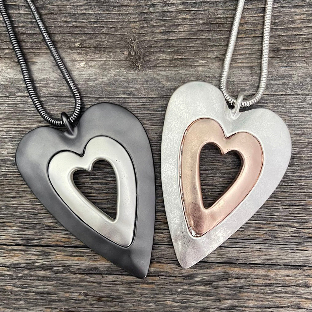 Two-Tone Metal Heart Pendant Necklace