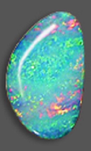 A polished irregularly-shaped blue boulder opal with various other shades including pink