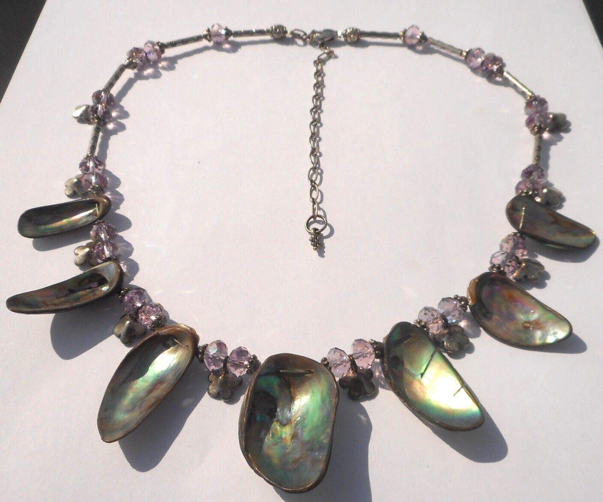 Artisan Abalone Whole Half Shell Silvertone Crystal Flower Mermaid Necklace