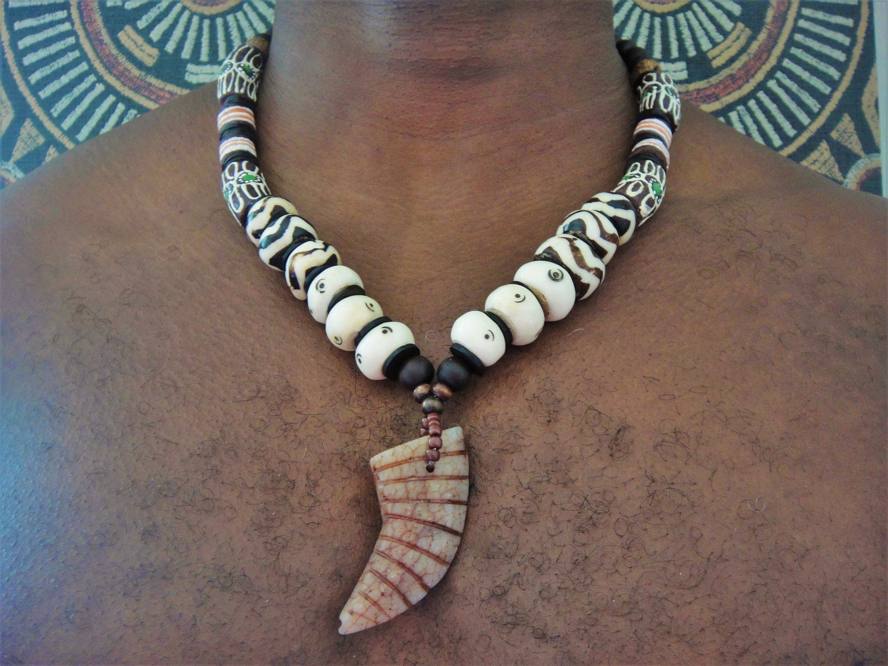 Mens African Necklace Batik Bone Beads