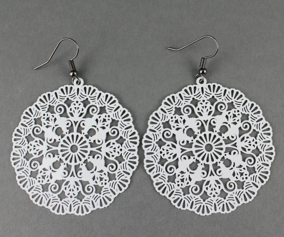 White round earrings cut out filigree lace scroll