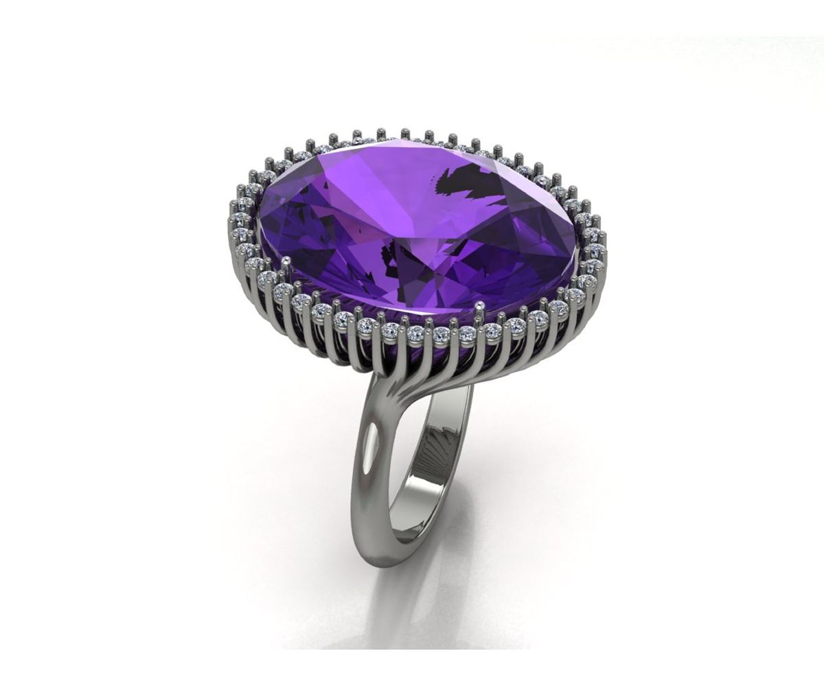 Oval ring for women halo setting purple amethyst