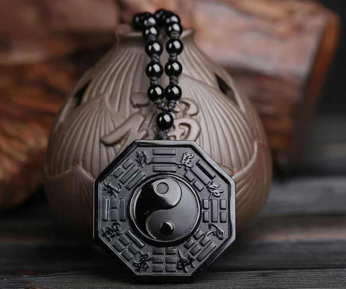 Colar Masculino Yin Yang Pedra Obsidiana Negra Amuleto Sorte