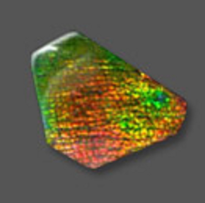 An irregularly-shaped green ammolite with six sides and some shades of red and yellow
