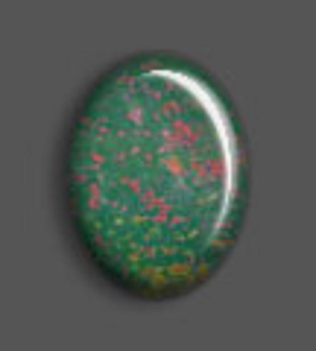 A polished oval-shaped dark green bloodstone dotted with different shades