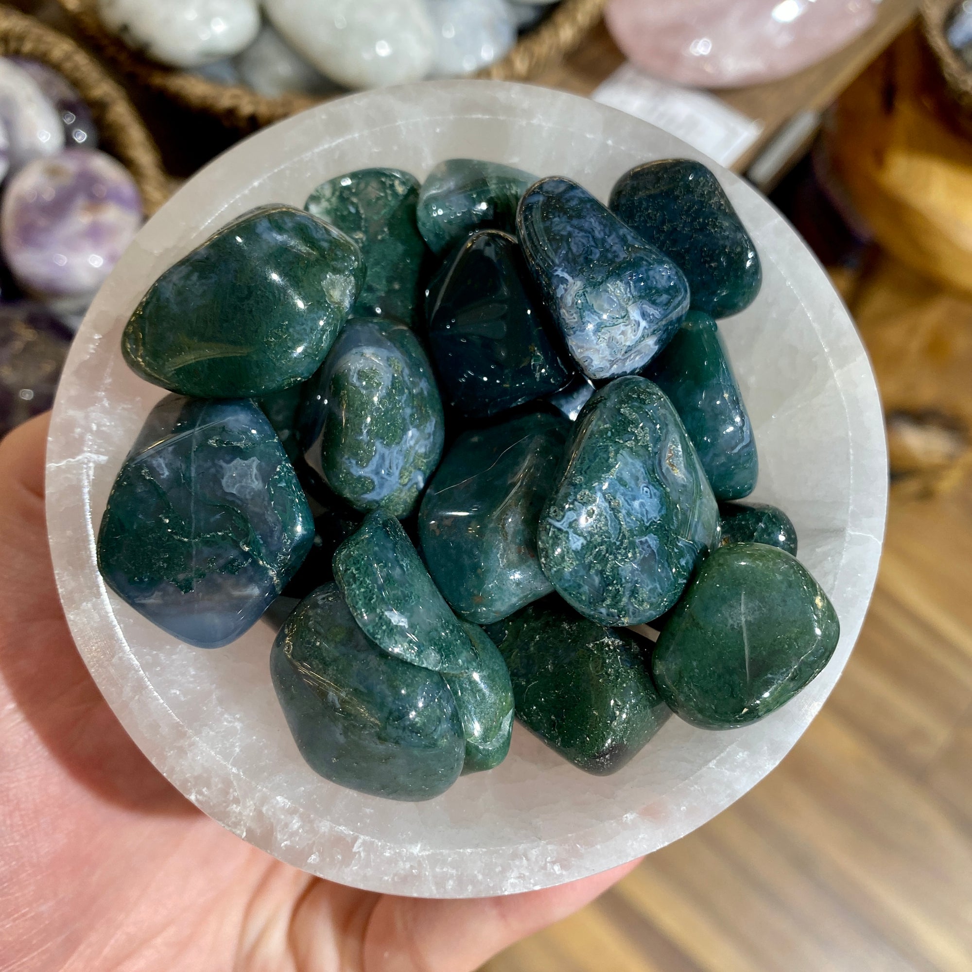 Moss Agate In White Bowl