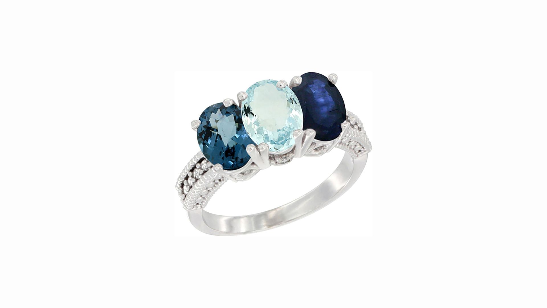 14K White Gold Natural London Blue Topaz, Aquamarine & Blue Sapphire Ring