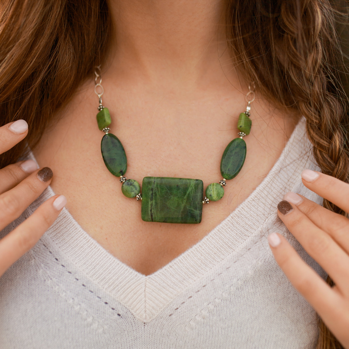 Woman Wearing Jadeite Gem Necklace