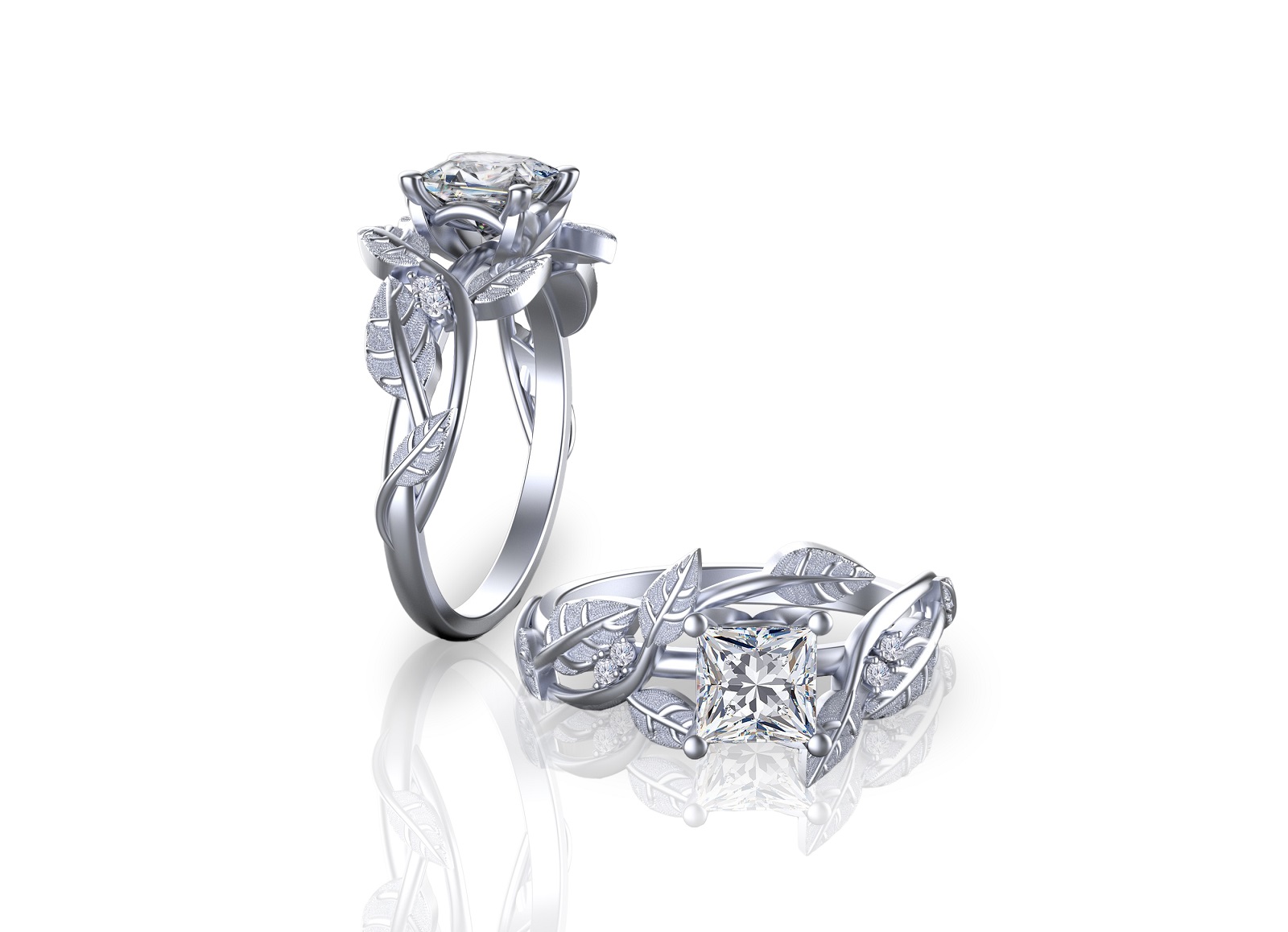 Natural White Diamond Princess Cut Platinum Floral Engagement Ring