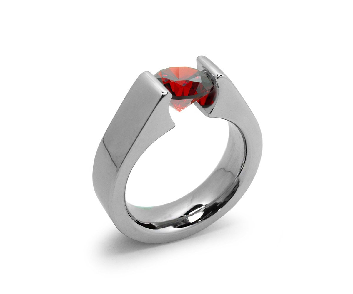 1.5ct Garnet Tension Set Steel High setting Engagement Ring
