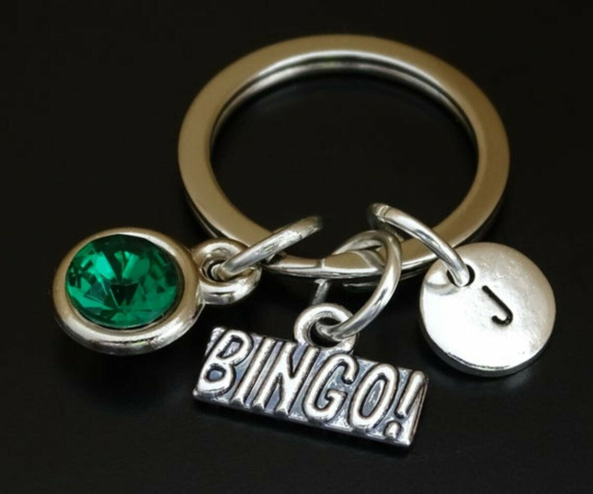 Bingo Keychain Initial Letter Birthstone Silver Charm Personalized Mother Dad