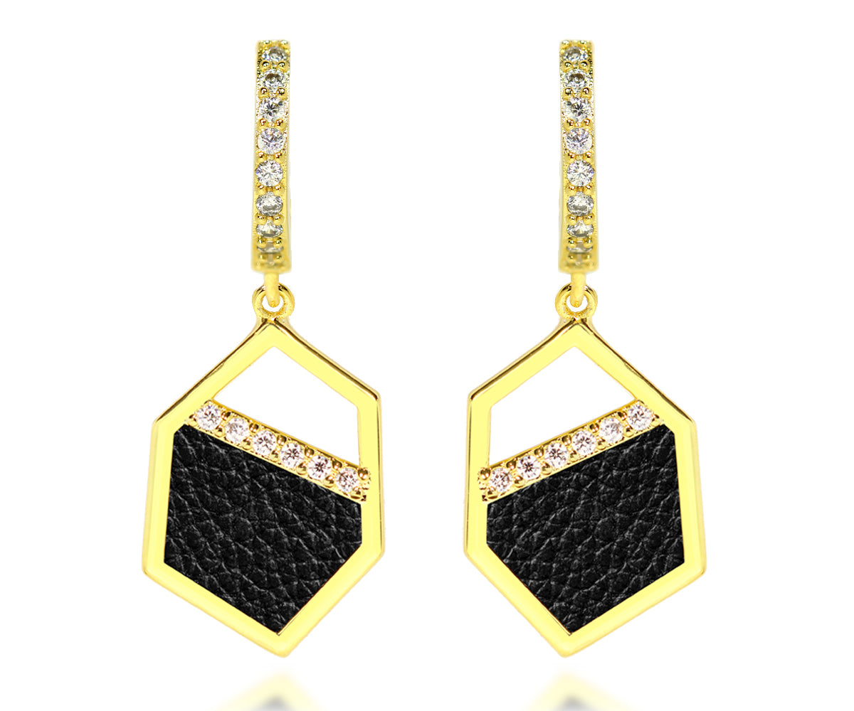 Small Geometric Leather Inlay Gold Earrings