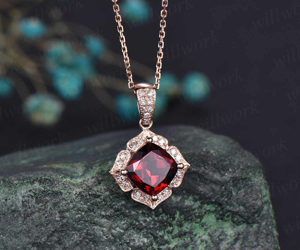Flower halo real diamond red garnet necklace