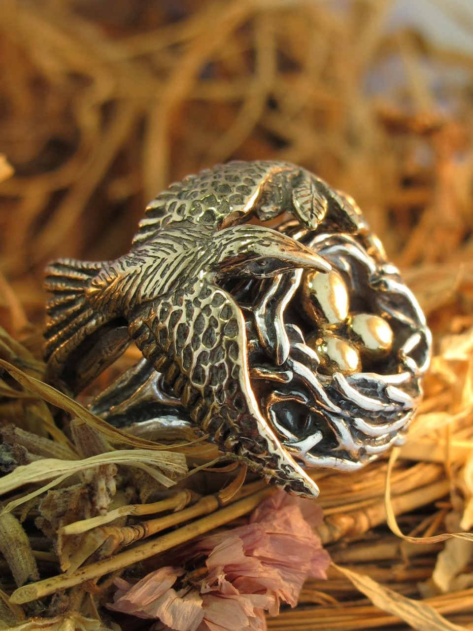 Silver Nest and Bronze Bird and Eggs Ring