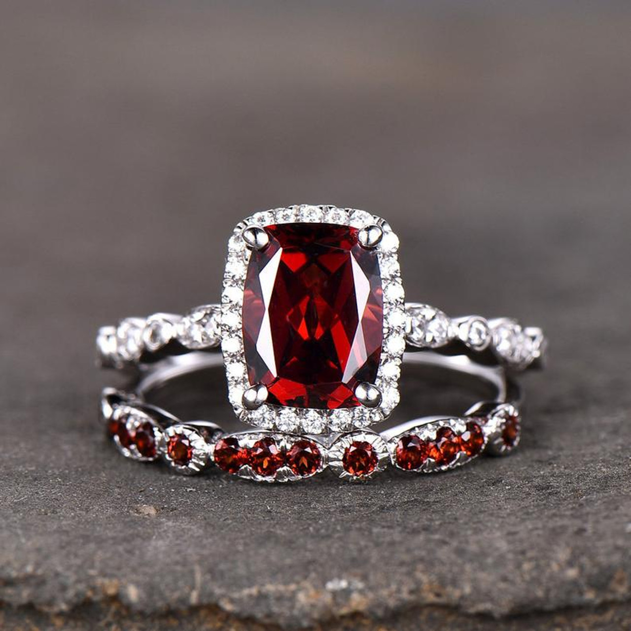 Garnet Fancy Halo Diamond Engagement Ring
