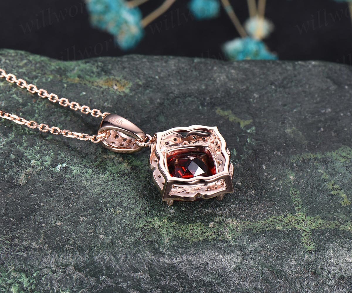 Flower Halo Real Diamond Red Garnet Necklace
