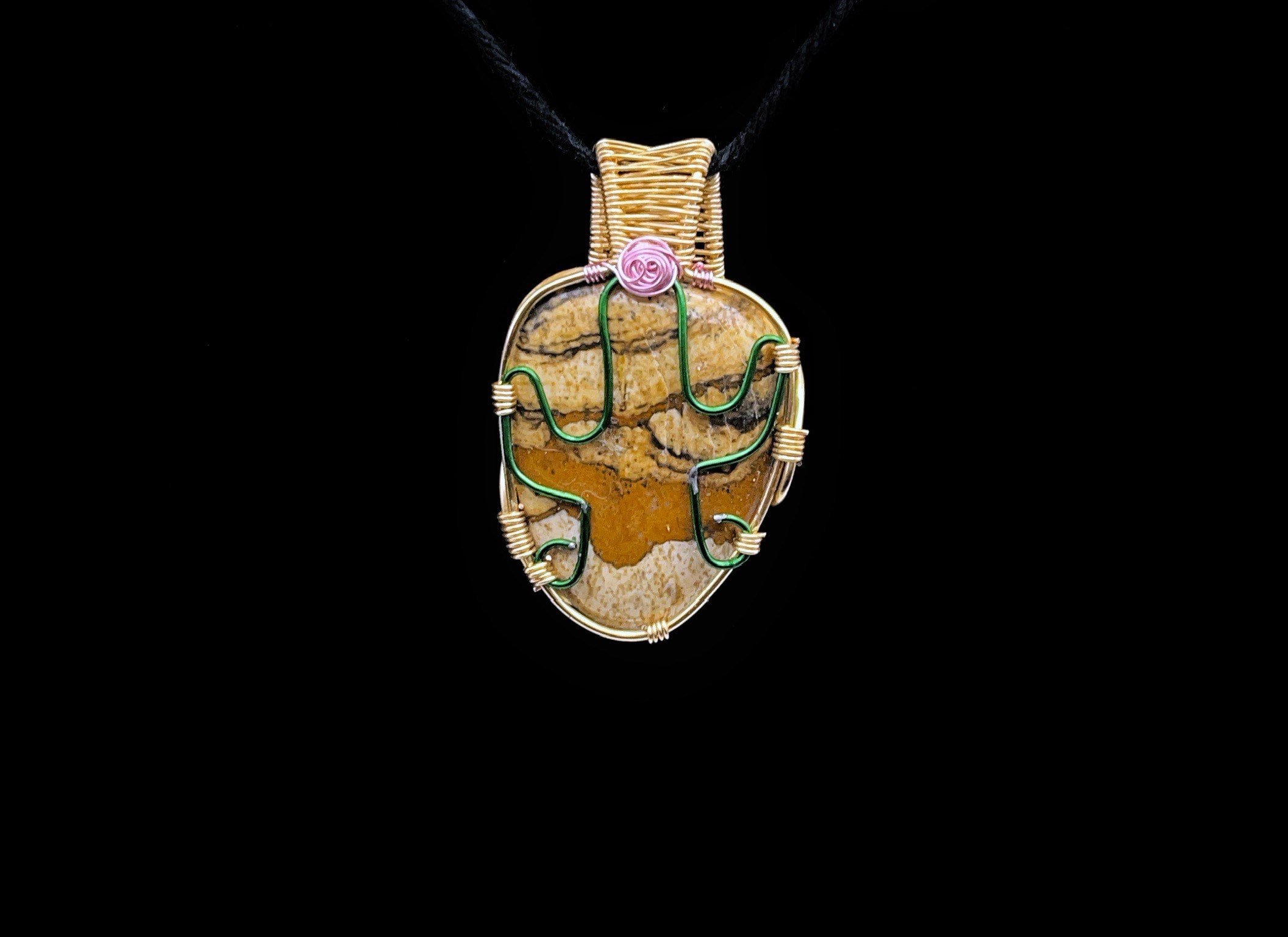 Jasper Wire-Wrapped Cactus Crystal Pendant