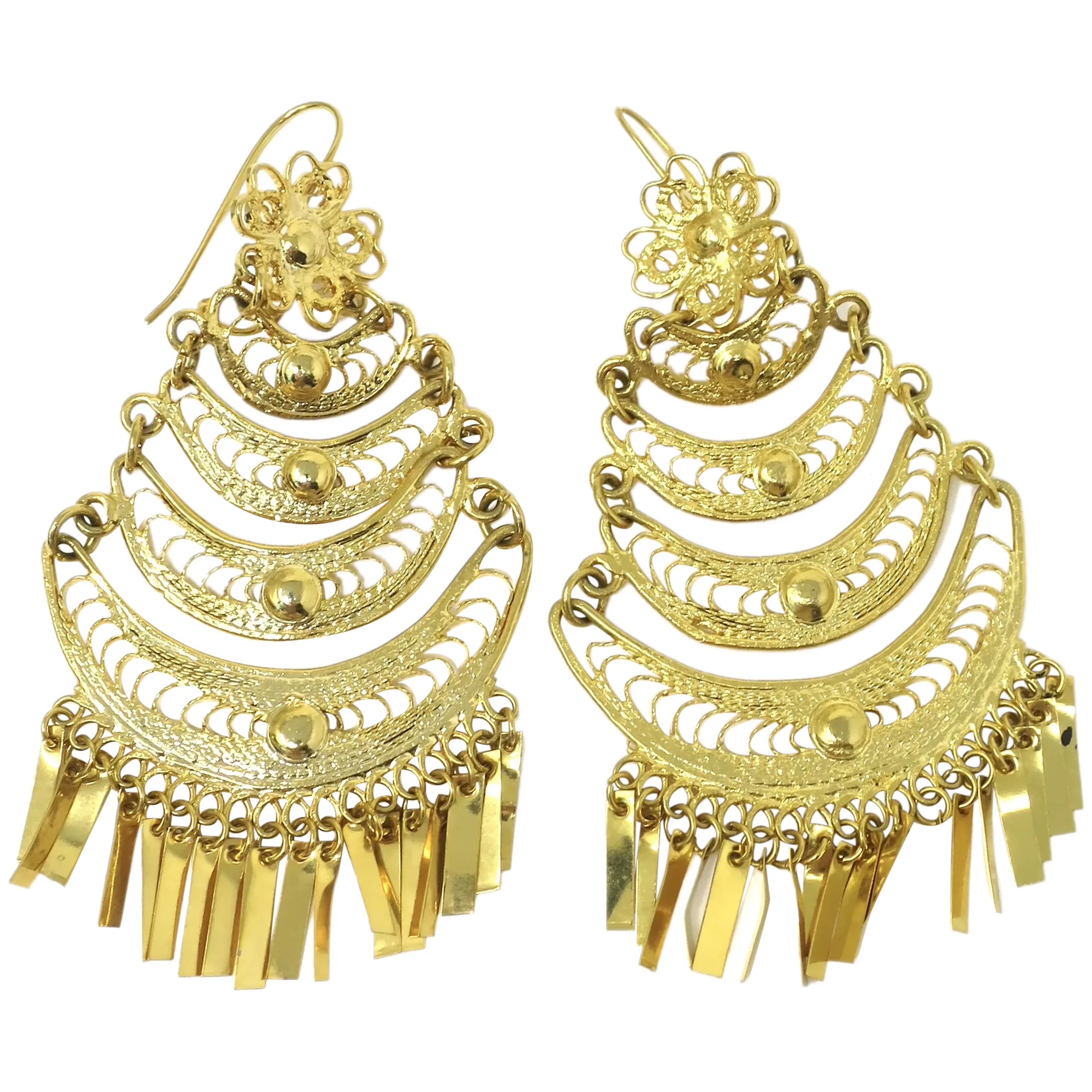 Vintage Mexican Filigree Gold Tone Chandelier Dangle Earrings