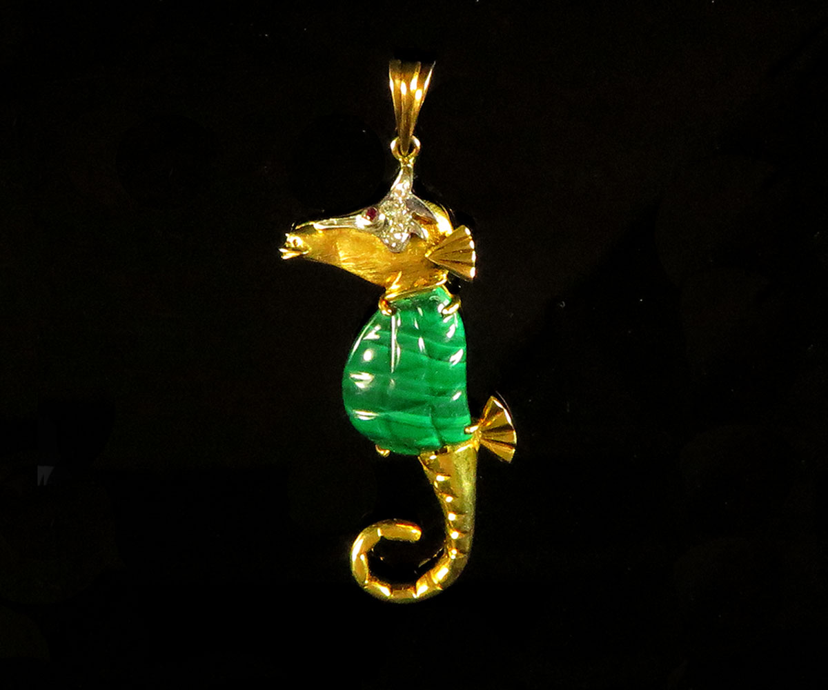 Gold Seahorse Malachite In Vintage Pendant