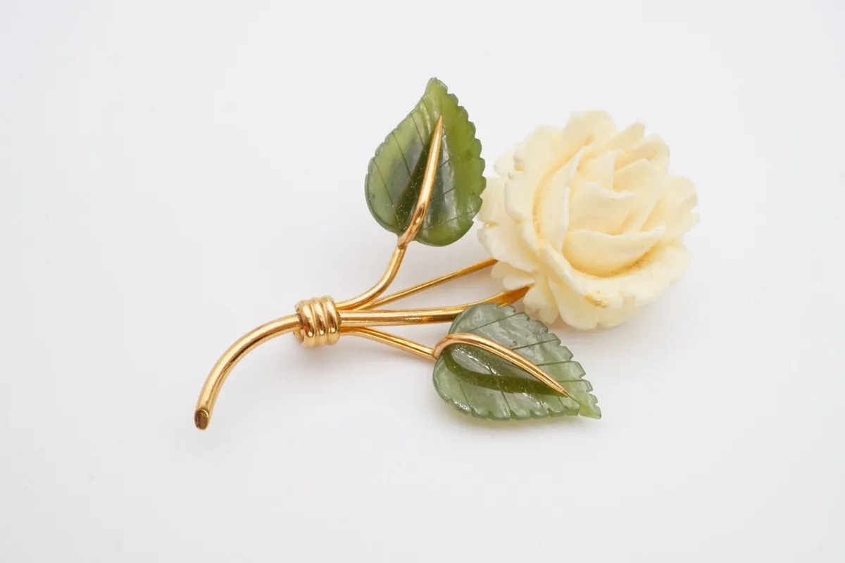 Vintage White Rose Brooch Pin Gold Filled Jade Leaves Carved Carl Art