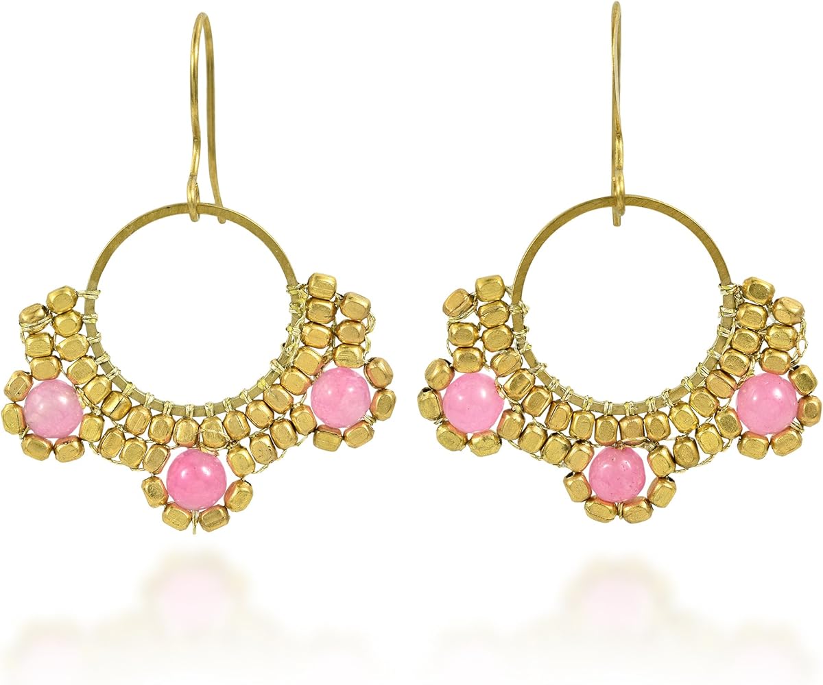 Bohemian Beauty Chandelier Beaded Pink Quartz Brass Boho Dangle Earrings