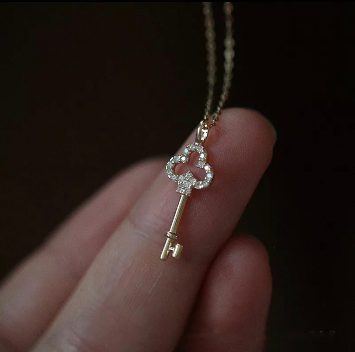 Small Key Diamond Pendant Charm Necklace