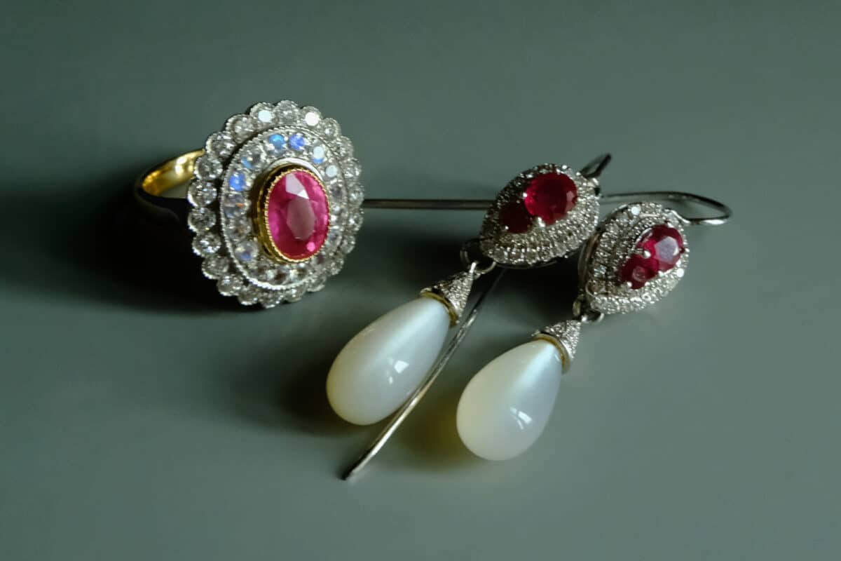Moonstone Ruby Art Deco Earrings